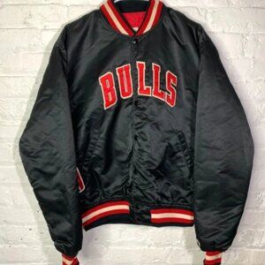 Vintage Chicago Bulls 80s STARTER Jacket #23 Satin Snap Bomber NBA Black Red XL